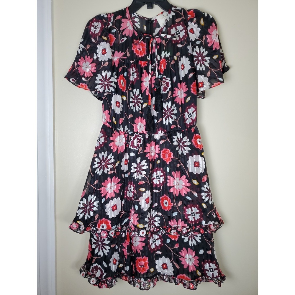 NWT Kate Spade New York Casa Flora Flutter Sleeve Black Floral Silk Dress 00